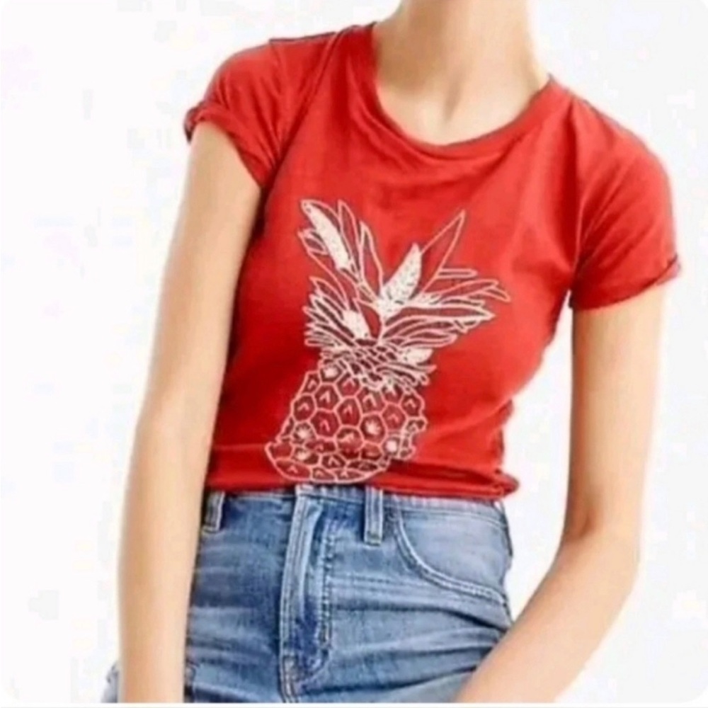 J CREW Embroidered Red Pineapple Top w/Sequins 100% Cotton Coll…
